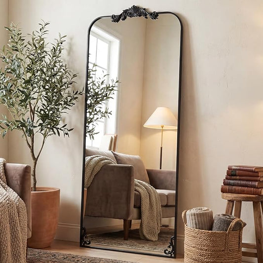 Antok Arched Full Length Mirror, 32"x71" Floor Mirror with Carved, Full Body Mirrors for HomeDecor, Standing/Halling Large Wall Mirror for Bedroom, Living Room, Cloakroom, Black, Luxury Style
