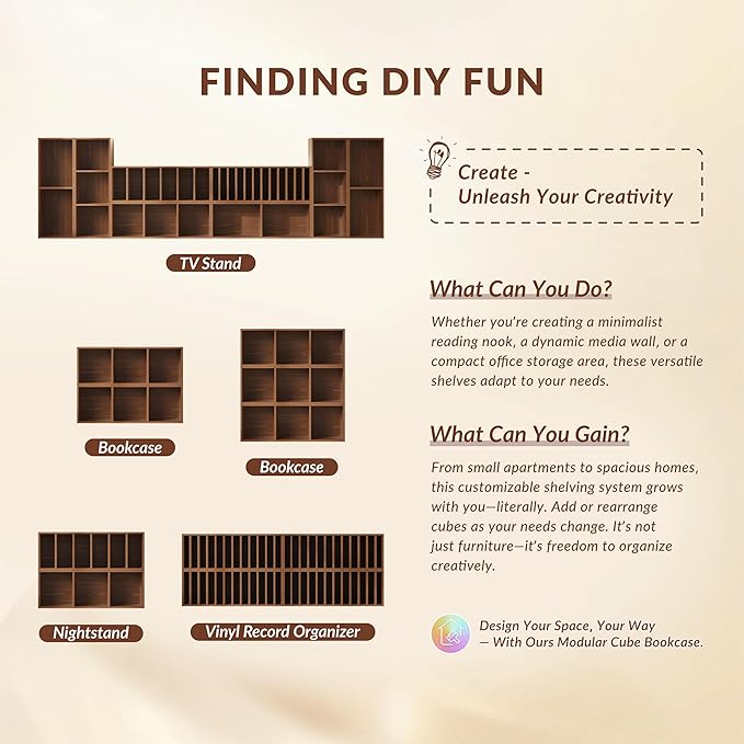 IOTXY DIY Modular Cube Bookcase - CubeXY Customizable Stackable Expandable Basic Shelving Units, 6-Cube Wooden Open Bookshelf with Removable Shelves for Books Organizer, Walnut