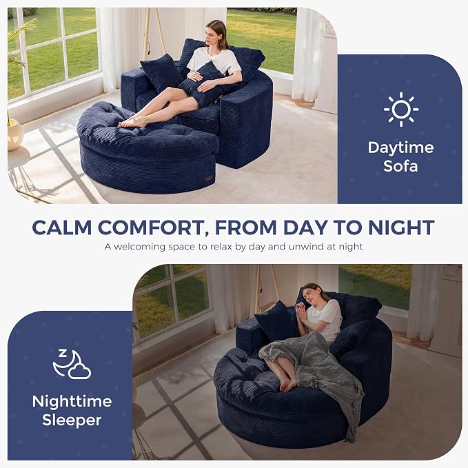 MAXYOYO Oversized Round Chaise Lounge Sofa, Upholstered Lounge Chair with 3 Pillows, Boneless Sofa Couch with Ottoman, Deep Seat Chair for Living Room, Bedroom, No Assembly, Navy