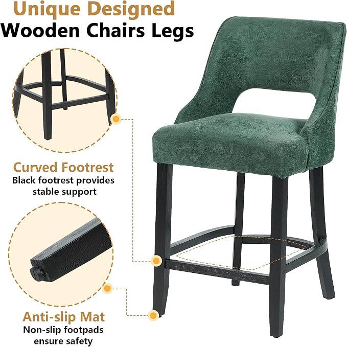ClinQ Bar Stools Set of 1, 26" H Counter Height Bar Stools with Backs, Modern Upholstered Accent Barstools with Curved Footrest for Kitchen Island, Dining Room and Bar, Green-Black Legs