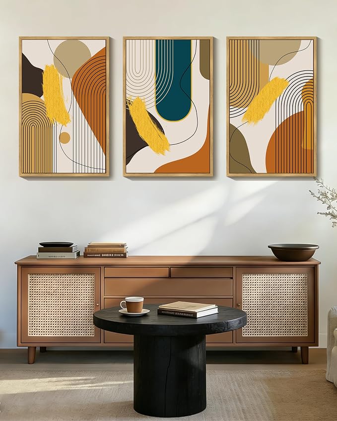 PHOPAGO 24x36in Large Boho Abstract Framed Wall Art Modern Minimalist Luxury Gold Line Artwork Kitchen Dining Room Decor Natural Framed