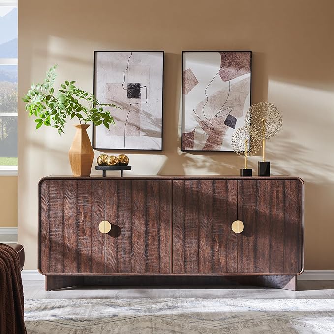 Modern Buffet Cabinet with Storage, 70" Large Sideboard Buffet Storage Cabinet with 4 Doors and Adjustable Shleves, Wooden Curved Coffee Bar for Dining Room, Kitchen, Living Room, Brown