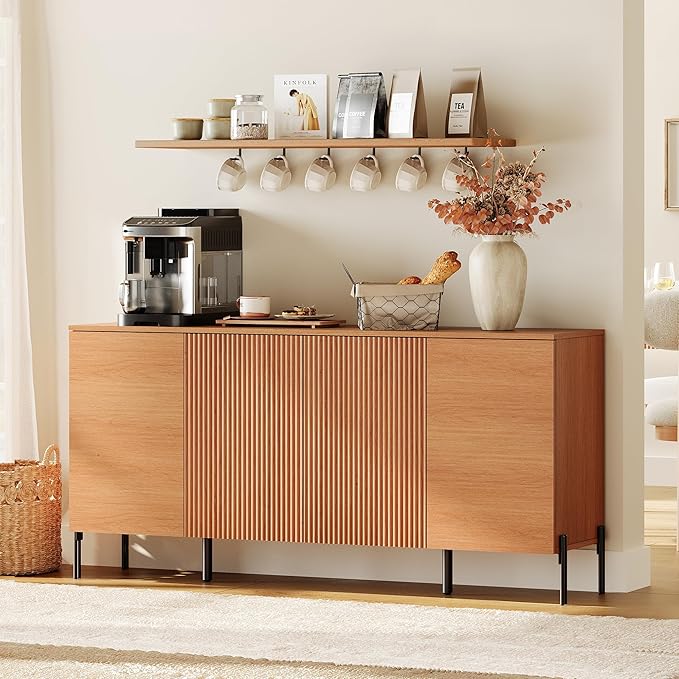 WAMPAT 61.5" Large Fluted Buffet Cabinet with Storage, Modern Buffet Table Coffee Bar Wine Bar Storage Organizer with 4 Doors for Kitchen, Dining Room, Hallway, Mocha