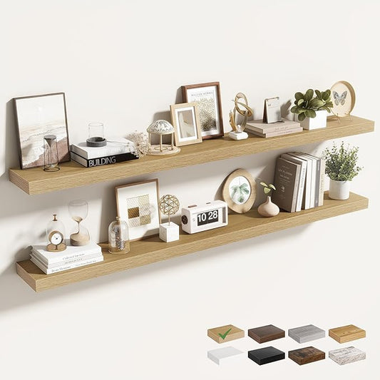 55 Inch Floating Shelves for Wall 2 Pack, 55" Wall Shelves for Books, Storage, Decor, Wall Mounted Floating Shelf with Invisible Brackets for Kitchen, Living Room, Oak