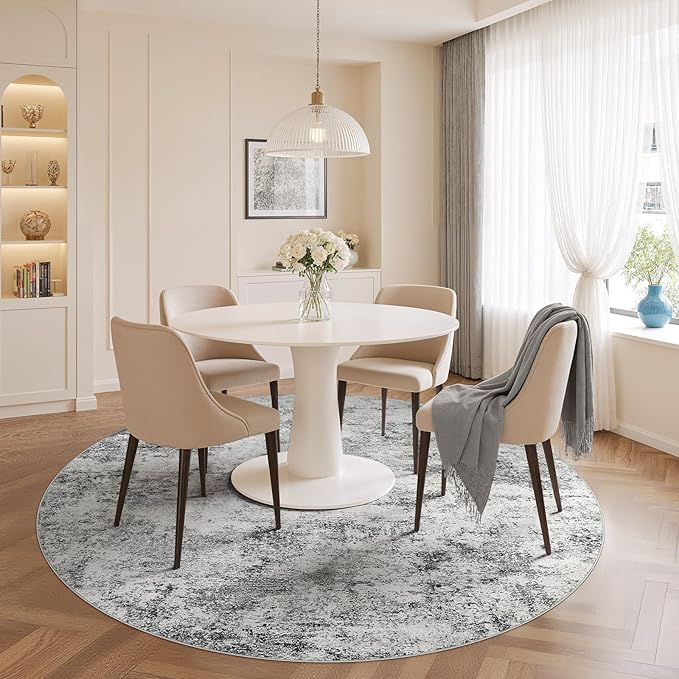 WITSHOCK 8ft Round Area Rug for Living Room: 8x8 Washable Neutral Modern Abstract Soft Thin Rug Indoor Floor No Slip Rug Carpet for Bedroom Under Dining Table Home Office Decor (Gray)