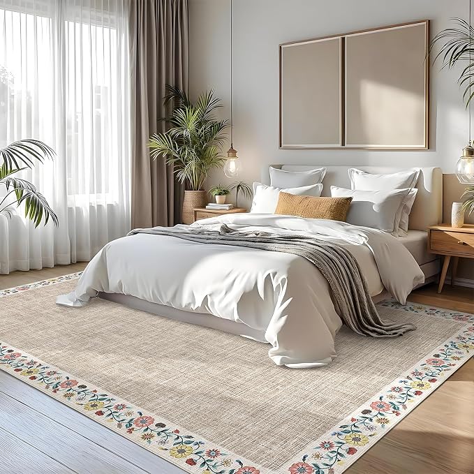 GarveeHome 10x13 Machine Washable Rugs for Living Room Large Area Rug Modern Floral Indoor Accent Carpet Low Pile Carpet Soft Throw Aesthetic Floor Cover for Bedroom Laundry Dining Room, Light Camel