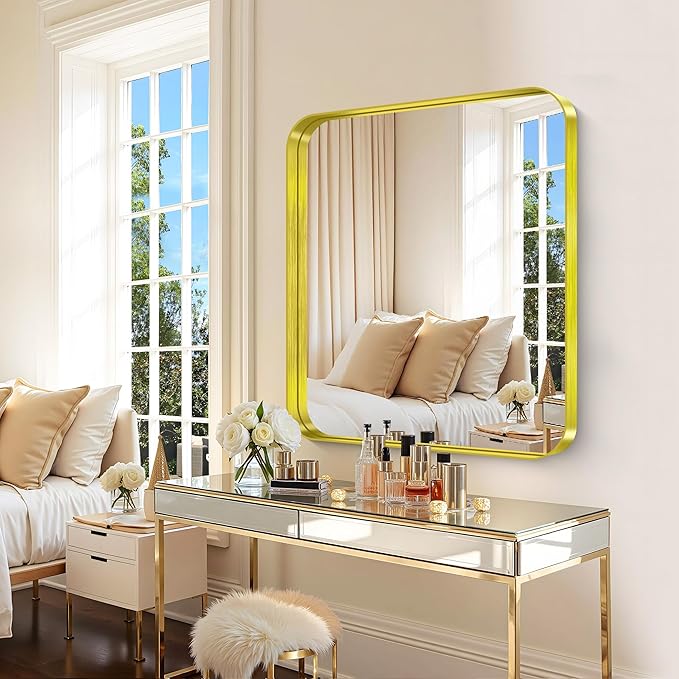 CIRCUMI Gold Bathroom Mirror, 30"x36" Rectangular Mirror with Deep Metal Frame, Rounded Corner, Tempered Glass, Mirror for Wall, Oversink, Bedroom, Installed Vertically/Horizontally, Crystal-Clear