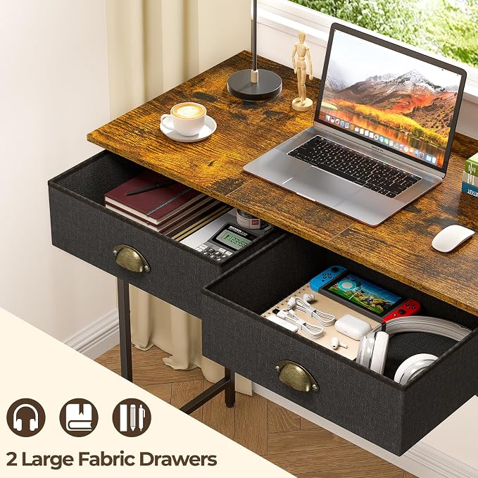 DAOUTIME Small Writing Desk for Kids Bedroom, 31.5 Inch Computer Desk for Small Spaces, Simple Desk with 2 Fabric Drawers for Home Office, Dorm, Living Room, Home Study Table, Rustic Brown