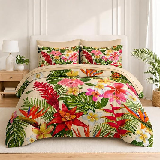 Nesker 7 Pcs Comforter Set King Size, Tropical Flower Palm Leaf Bedding Set for Kids and Adults, Leaves Floral Hibiscus Bed Sheet Sets with Fitted Sheet 2 Pillowcases & 2 Shams