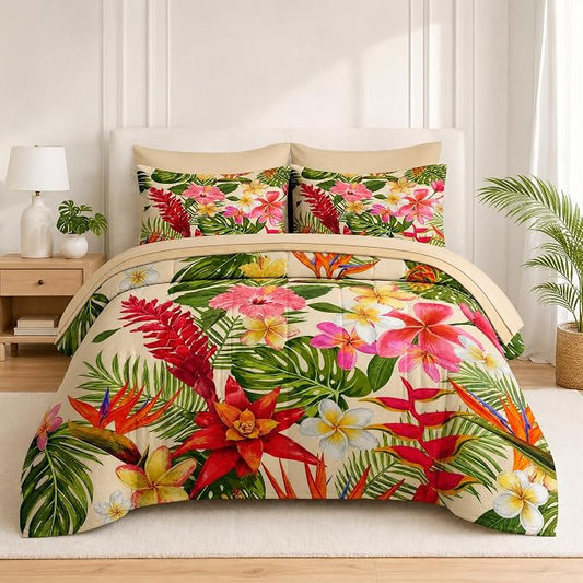 Nesker 7 Pcs Comforter Set Full Size, Tropical Flower Palm Leaf Bedding Set for Kids and Adults, Leaves Floral Hibiscus Bed Sheet Sets with Fitted Sheet 2 Pillowcases & 2 Shams