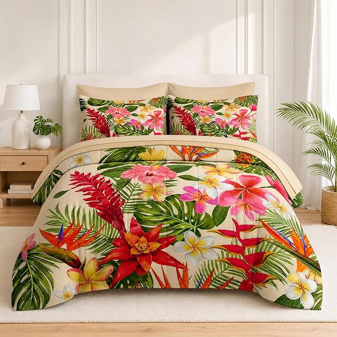 Nesker 5 Pcs Comforter Set Twin Size, Tropical Flower Palm Leaf Bedding Set for Kids and Adults, Leaves Floral Hibiscus Bed Sheet Sets with Fitted Sheet Pillowcases & Shams