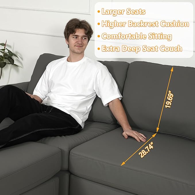 EASE MOOSE Oversized Corner Modular Sectional Sofa, Faux Leather Sectional Sofa with Deep Seat, Scratch Resistant Faux Leather Material, Extra Large L Shaped Couch for Living Room, Grey