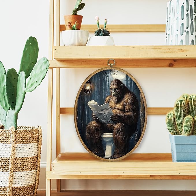 CGBHW Funny Orangutan Bathroom Oval Wall Art Decor, Monkey Reading Newspaper on Toilet Canvas Prints Framed, Dark Wall Art Hanging Decor for Home Bedroom Living Room Decorations, 8.6x11.4 Inch