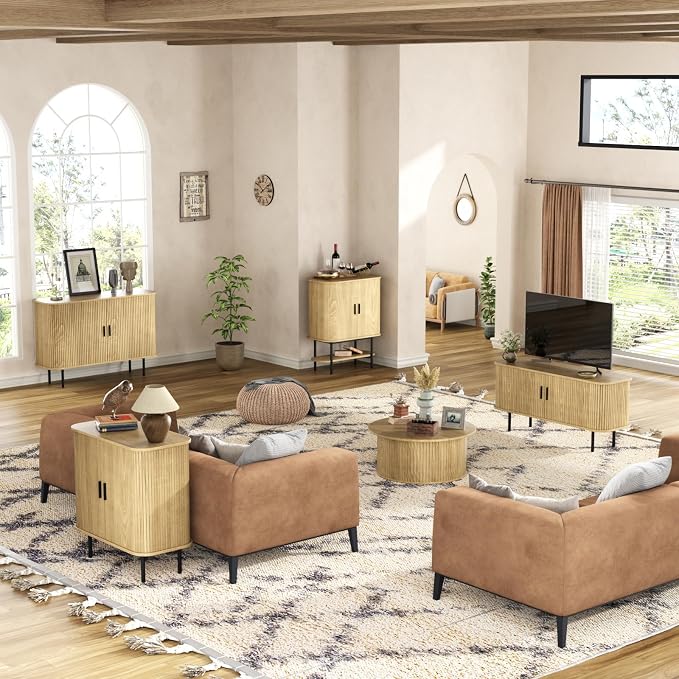 47''W Storage Cabinet, Fluted Sideboard Buffet Cabinet with Storage, Console Table Credenza with Tambour Slatted Sliding Doors and Shelves, TV Stand for Living Room, Kitchen, Entryway, Natural