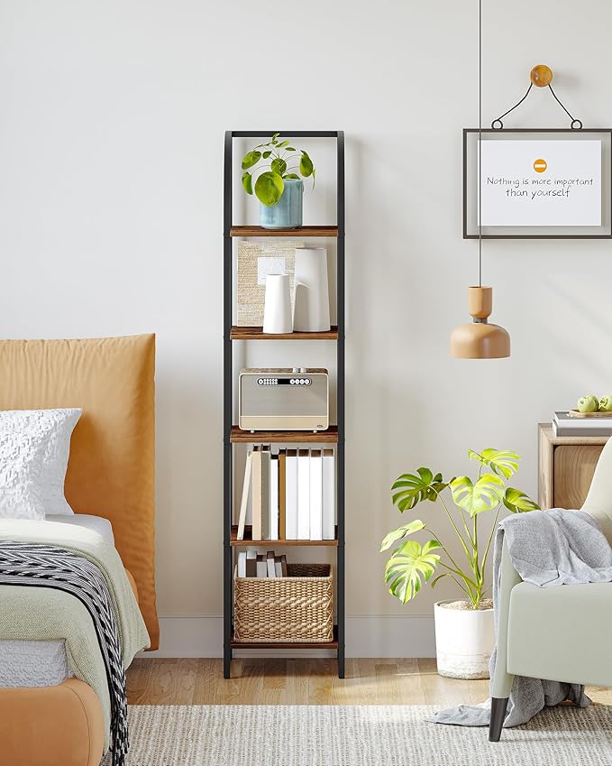 Hzuaneri Bookshelf Bookcase Narrow Bookcase Shelf Organizer with Steel Frame for Study Living Room Bedroom Kitchen Home Office Industrial Bookshelf 5-Tier Rustic Brown BC55001B