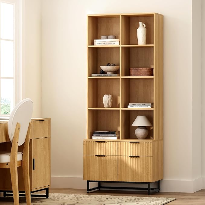 71" Tall Bookshelf with Drawers, Fluted Tall Bookcase 4 Tier Wooden Display Cabinet with Storage Floor Standing, Modern Bookshelves for Home Office Living Room Library (Natural Oak)