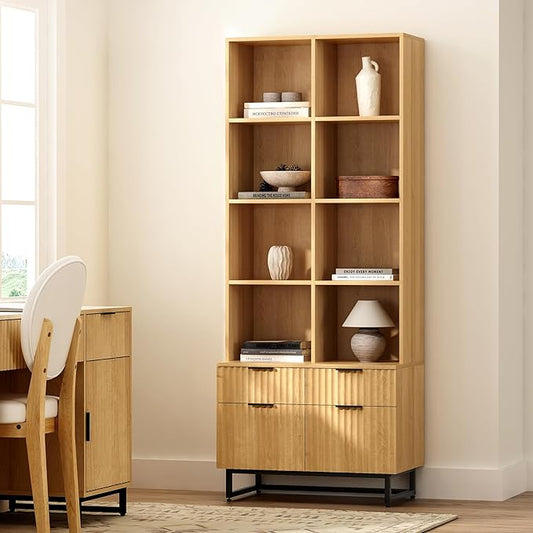 71" Tall Bookshelf with Drawers, Fluted Tall Bookcase 4 Tier Wooden Display Cabinet with Storage Floor Standing, Modern Bookshelves for Home Office Living Room Library (Natural Oak)
