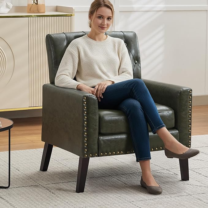 Mid Century Modern Accent Chair, Dark Green Faux Leather Office Chair for Reception - Tufted Leather Club Chair for Living Room, Bedroom, or Waiting Room