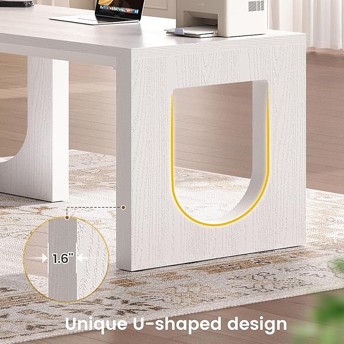 SEDETA Modern L Shaped Desk with 3 Drawers, 63" Executive Office Desk with File Drawer, Wood Corner Computer Desk with U-Shaped Legs & Relief Texture, Home Office Desk with Power Outlet, White