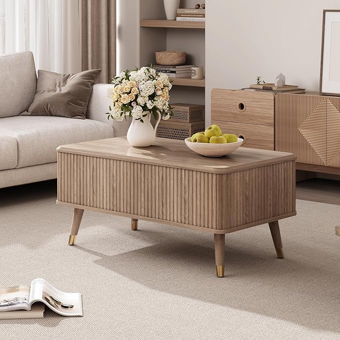 Lift Top Coffee Table with Storage, Mid Century Modern Rectangular Center Table, Fluted Design with Hidden Compartment, Rising Desk for Work from Home, Living Room Furniture, Oak Finish