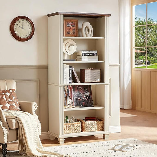 SAVOR LIFE 70" Tall White Bookshelf,5 Tier Wood Book Shelf with Adjustable Shelves & Wood Legs,Free Standing Farmhouse Bookcase with Open Display Storage,Vintage Kids Bookshelves for Nursery,Bedroom