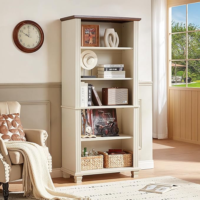 SAVOR LIFE 70" Tall White Bookshelf,5 Tier Wood Book Shelf with Adjustable Shelves & Wood Legs,Free Standing Farmhouse Bookcase with Open Display Storage,Vintage Kids Bookshelves for Nursery,3PCS