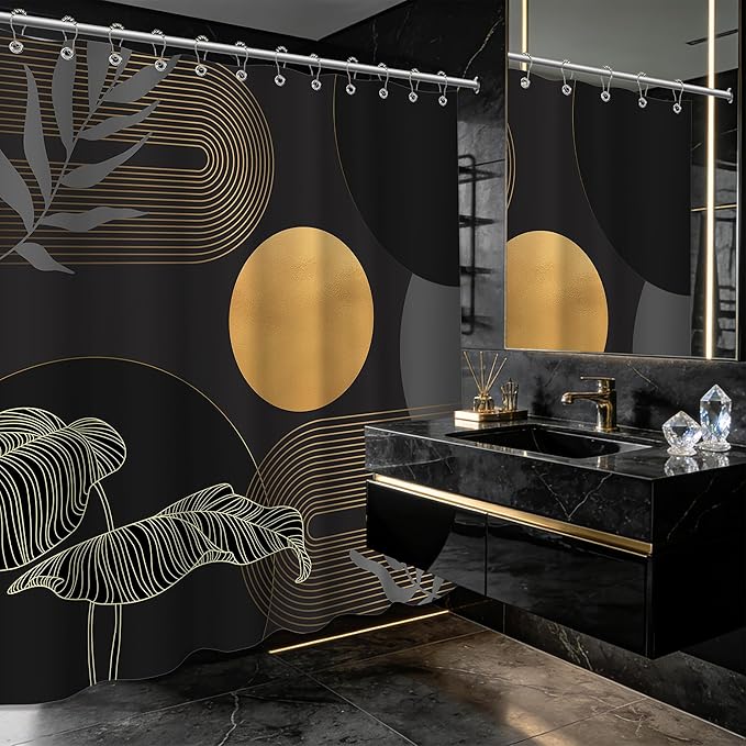 Black and Gold Shower Curtain Dark Mid Century Modern Boho Shower Curtains for Bathroom Decor MCM Masculine Cool Bath Curtain Set, Waterproof Fabric with Hooks 70 x 84 Inch