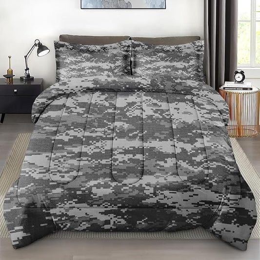 Comforter Set with 2 Pillowcases King Size, Gray Camouflage Digital Camo Army Military, Bed Decor Grey Navy Brown Us Black White for Kids and Adults, Soft Cozy Bedroom Bedding Set