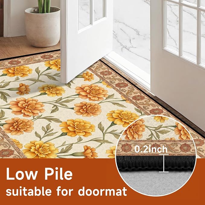 Marigold Floral Area Rug Vintage Boho Rug Bordered Non-Slip Washable Floor Mat for Bedroom Living Room Nursery Kitchen Playroom Home Decor,6'x9'