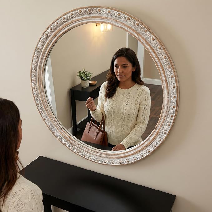 23.62'' Ornate Round Wall Mirror with Distressed Frame & Pre-Installed Hanging, Decorative Mirror with Large Reflective Surface for Bathroom Bedroom Living Room, Ancient White