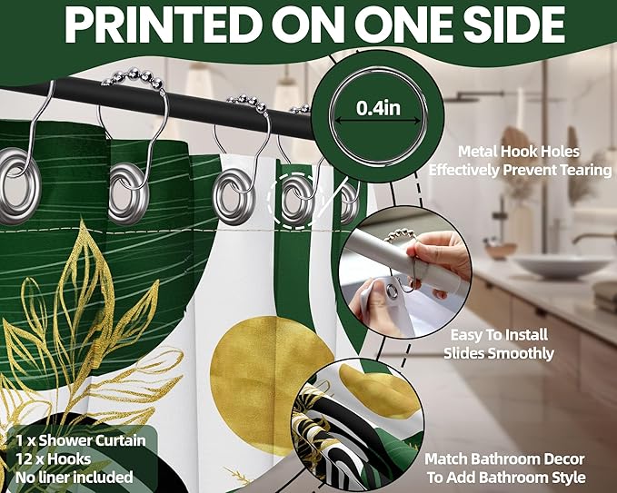 Olive Green and Gold Shower Curtain Boho Mid Century Modern Hunter Green Shower Curtains for Bathroom Decor Sets, Waterproof Cloth Fabric with Hooks 60x72in