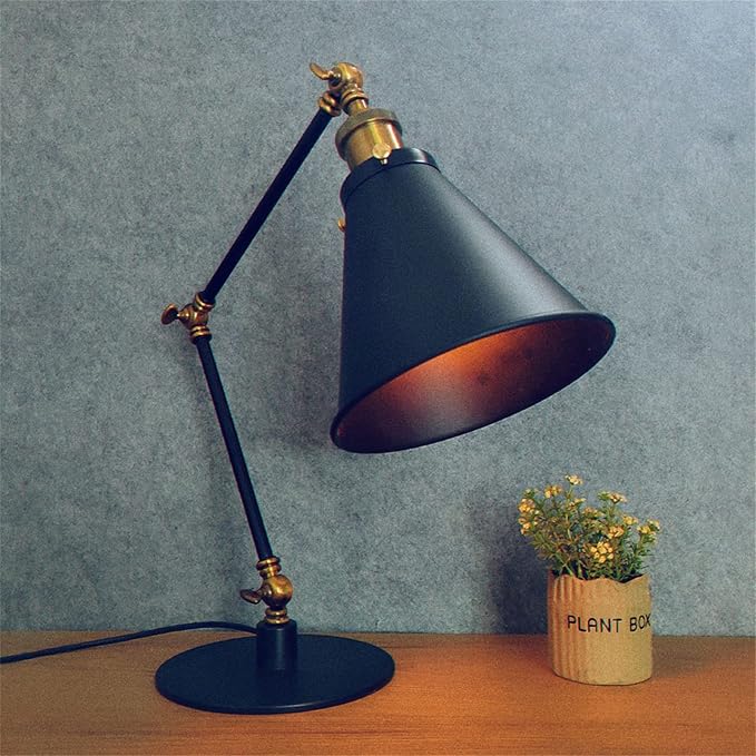 Makeup Vintage Desk Lamp, Industrial Metal Task Table Lamp with Adjustable Swing Arm, Bedroom Bedside Night Light Cafe Antique Reading Lighting,Black+Gold