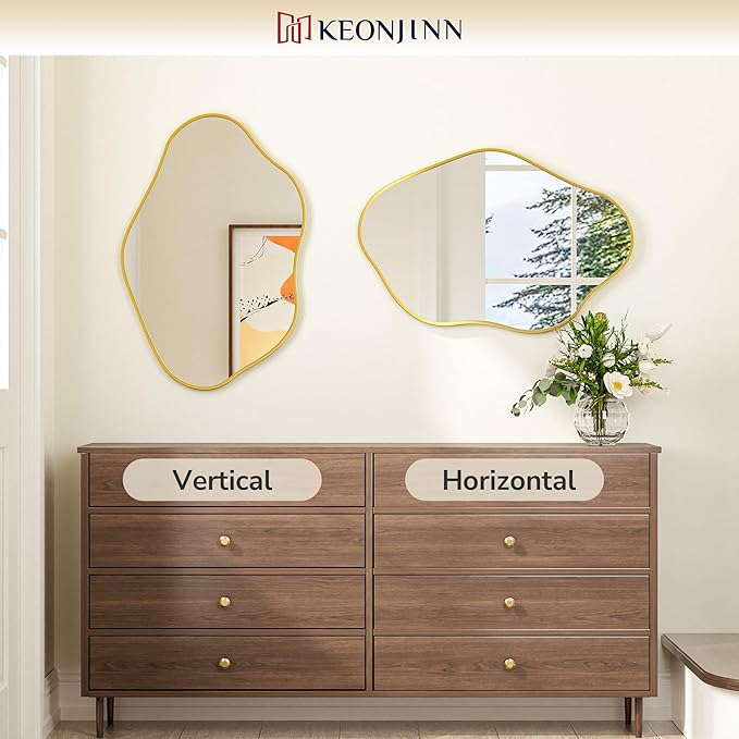 Keonjinn Gold 40" x 24" Inch Irregular Mirrors for Wall, Asymmetrical Wave Metal Frame, Tempered Glass, Decorative Mirror for Bathroom, Bedroom, Living Room, Entryway(Horizontal/Vertical)