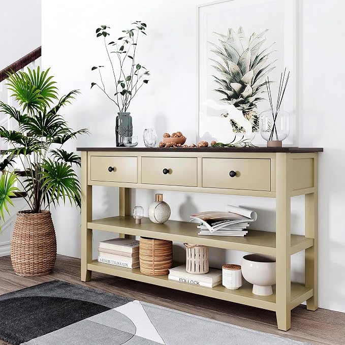 LUMISOL Long Console Table with 3 Storage Drawers, Solid Wood Sofa Table with Storage & Open Shelves, Retro Entryway Tables for Hallway Living Room (Beige)