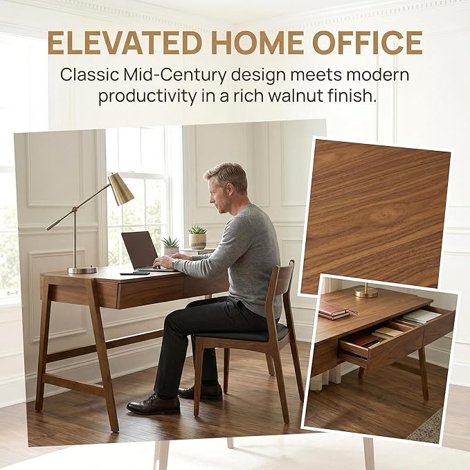 HNY 59 Inches Walnut Wooden Writing Desk with 3 Drawers, Computer Study Table with MDF Top, Solid Rubberwood Legs and Hidden Cable Management Holes, Corner Makeup Vanity Desk for Home Office, Bedroom