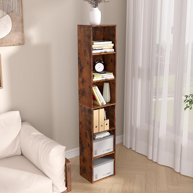 6-Tier Wooden Cube Storage Organizer, 62 Inch Tall Bookcase & Display Shelf with 6 Open Cubes, Freestanding DIY Closet Shelving Unit for Living Room Office(Retro Brown, 6 Cube-W(11.8inch)