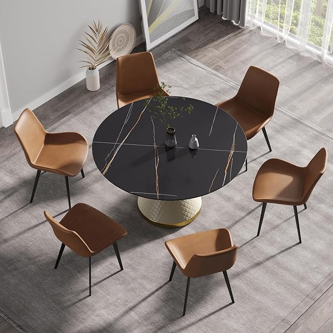 53.15" Round Dining Table, Mid Century Modern Dining Table with PU Base for 6-8 Person, Dining Room Table for Dining Room Kitchen,Living Room, Restaurant, Black