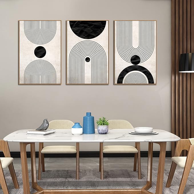 Framed Wall Art Canvas Set Mid Century Boho Pictures Modern Abstract Geometric Wall Decor Minimalist Black Beige Bohemian Canvas Painting Artwork for Living Room Bedroom Office 24"x36"x3 Natural