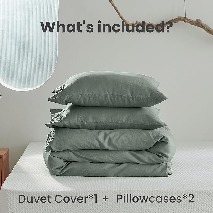 Simple&Opulence 100% Linen Duvet Cover Set 3pcs with Coconut Button Closure Natural French Washed Flax Solid Color Soft Breathable Farmhouse Bedding - Cushing Green, Queen Size