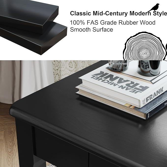 Solid Wooden Desk with Drawers - 39 x 16 Inch Modern Narrow Desks, Rubberwood Simple Study Table, Small Writing Desk for Bedroom|Small Spaces - Black Desks
