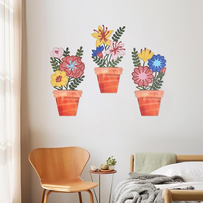 3D Wooden Floral Wall Decor Set of 3, Lightweight Wall Art Decor, Rustic Farmhouse Kitchen Wall Decor, Boho Botanical Wood Wall Art for Living Room, Bedroom, Office, Entryway (Flowers - 11.8 x 5.9 Inch)
