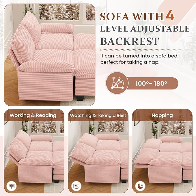 Modular Sectional Sofa Cloud Couch, Comfy Corduroy Loveseat with Ottoman Upholstered Deep Seat Sleeper Sofa Bed 2 Seater Couch Oversized Chaise Lounge Chair Indoor for Living Room Bedroom, Pink