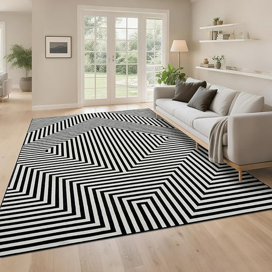 Washable Modern Lines Rug 9x12 Area Rug for Living Room Neutral Modern Geometric Rugs Low Pile Soft Bedroom Carpet Thin Foldable Abstract Floor Carpet for Dining Kids Room Playroom, Black