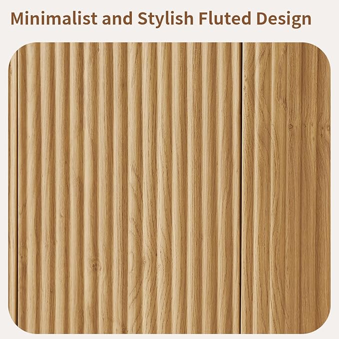 LKTART 64" Sideboard Buffet Cabinet with Storage, Wooden Fluted Storage Cabinet Sideboard Credenza with Adjustable Shelves Pressed Spring for Kitchen Living Room (Natural Oak)