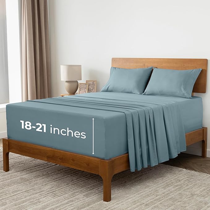 Mellanni Extra Deep Split King Sheets - 5 PC Iconic Collection Bedding - Hotel Luxury, Ultra Soft, Cooling Bed Sheets - Wrinkle, Fade, Stain Resistant (Split King, Spa Blue)