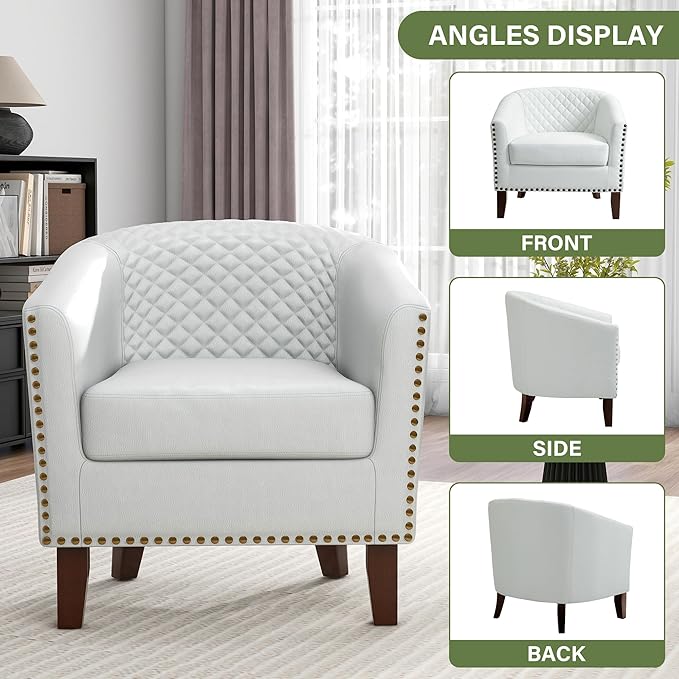 UIXE Faux Leather Barrel Accent Chairs Set of 4, Modern Club Upholstered Arm Chair, Comfy Armchair Nailed Trim Living Room Single Sofa Reading Seat Bedroom Side Sitting for Office, White