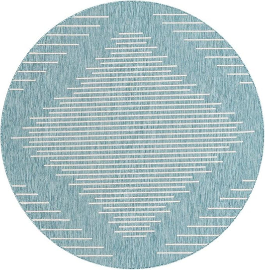 Rugs.com Outdoor Modern Collection Rug – 6' Round Light Aqua Flatweave Rug Perfect for Kitchens, Dining Rooms