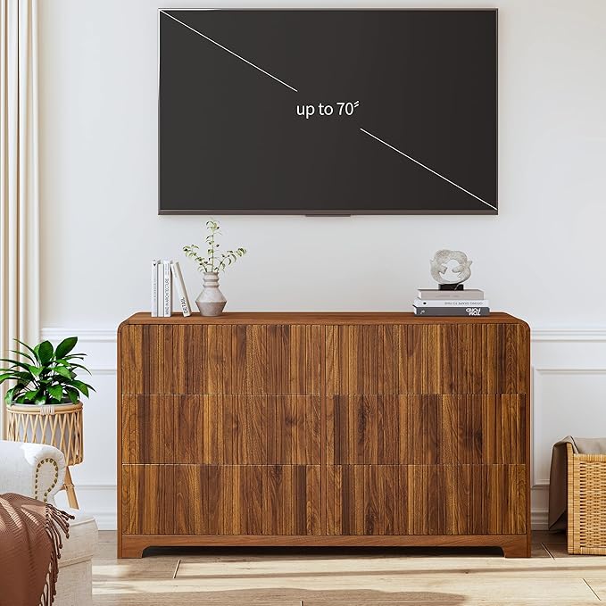 BERRYMERRY Fluted 6 Drawers Dresser for Bedroom, 53" Wide Chest of Drawer with Rounded Edge,Mid Century Modern Large Double Wood Dresser for Living Room Bedroom
