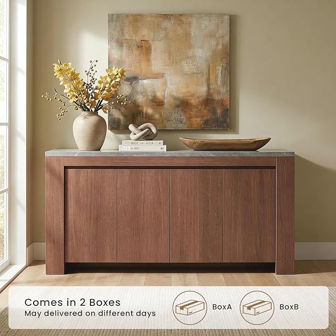 Buffet Cabinet with Storage, 63" Sideboard Buffet Accent Cabinet with Faux Marble Top & 4 Doors, Modern Buffet Table Credenza Cabinets for Living Room, Dining Room, Kitchen（Walnut）