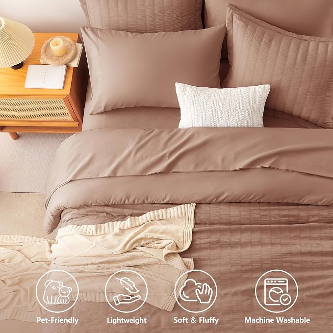 CozyLux Full Size Comforter Sets Mocha Mousse, 7 Pieces Seersucker Textured Luxury Bed in a Bag, All Seasons Soft Bedding Sets with Down Alternative Comforter, Sheets, Pillowcases & Shams, Home Gift